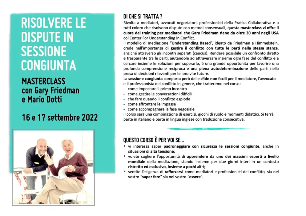 Resolving disputes in joint session: masterclass with Gary Friedman and Mario Dotti — 16 and 17 September 2022